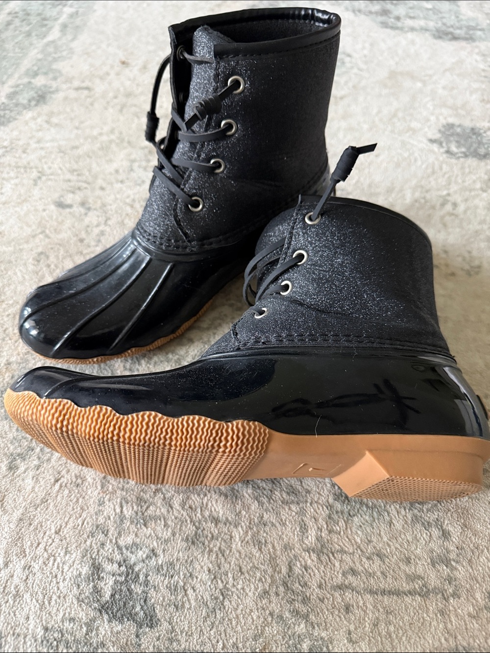 London Fog Women’s Black Glossy Sparkly Glitter Waterproof Duck Boots, Size 7